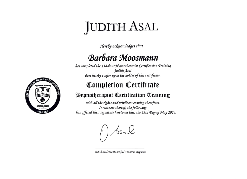 Diplom Barbara Moosmann als Practicioner Hypnosetherapie
