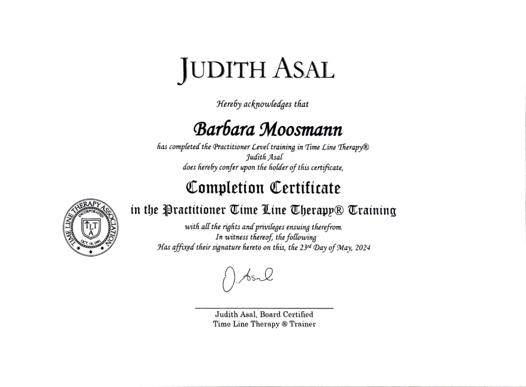 Diplom Barbara Moosmann als Practicioner Time LIne Therapy