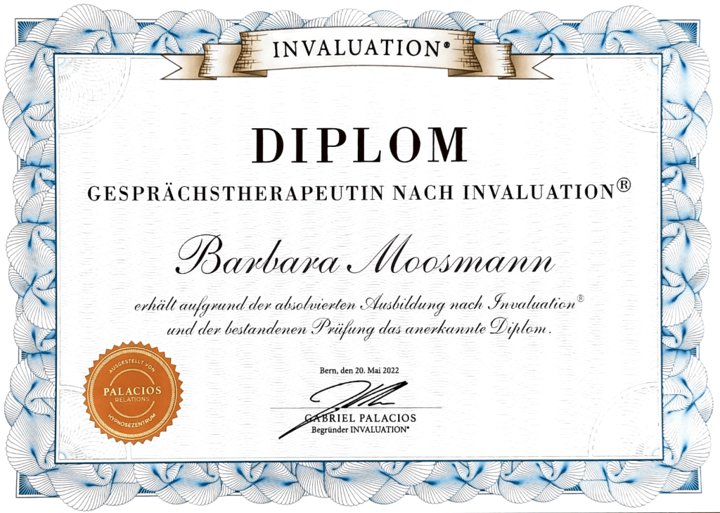 Diplom Barbara Moosmann als Gesprächstherapeutin nach Invaluation von Gabriel Palacios